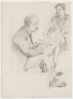 KT 1985 010
<br/>
Frederik de Graaf (1871-1931) tekenend; een zittende man op de achtergrond
<br/>
<em>Bakker, Charles Willem Gerard (1876 - 1957)</em>